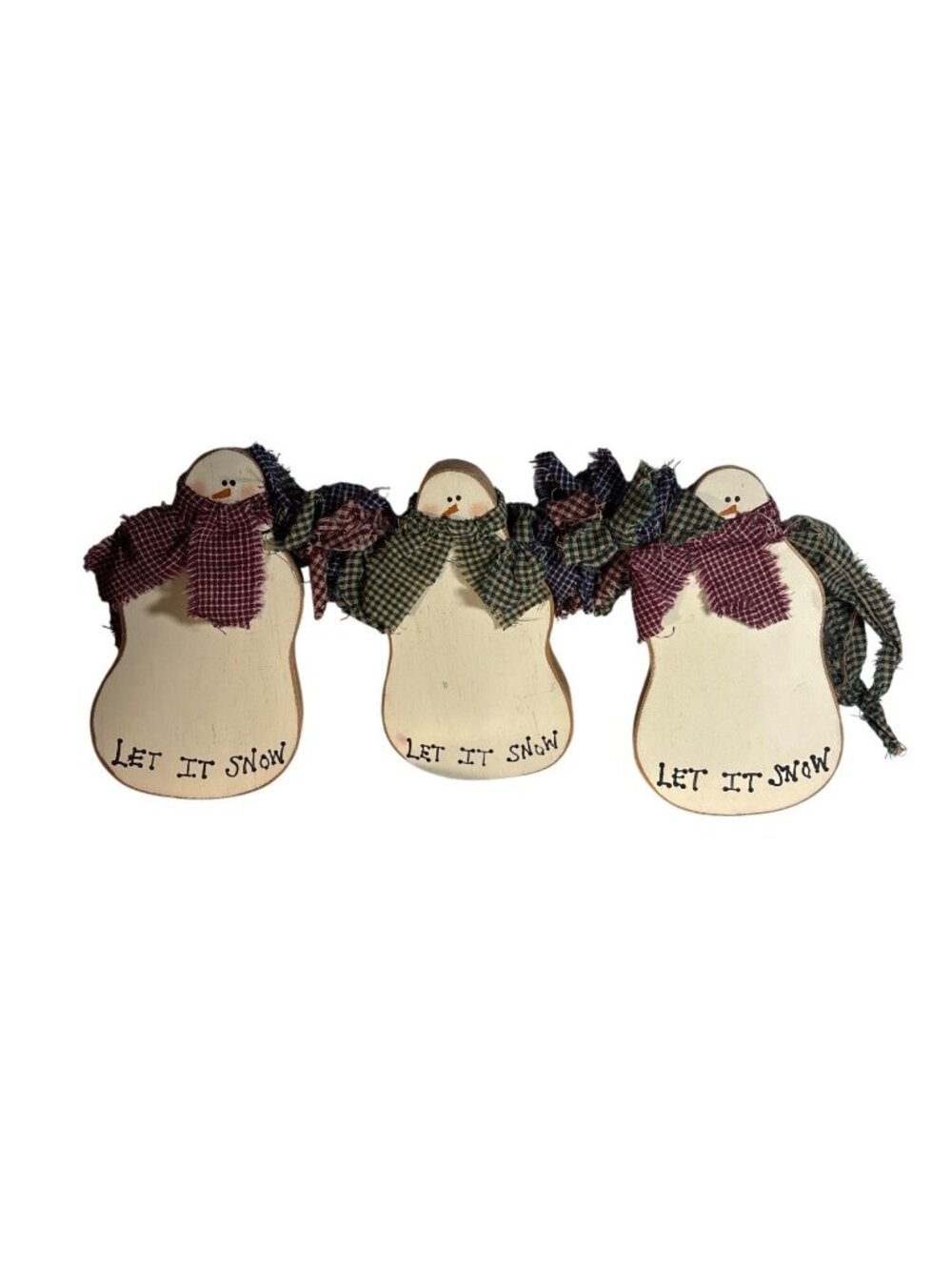 Snowman Garland Wooden Plaid Scarves Let It Snow Rustic Winter Folk 14" Long